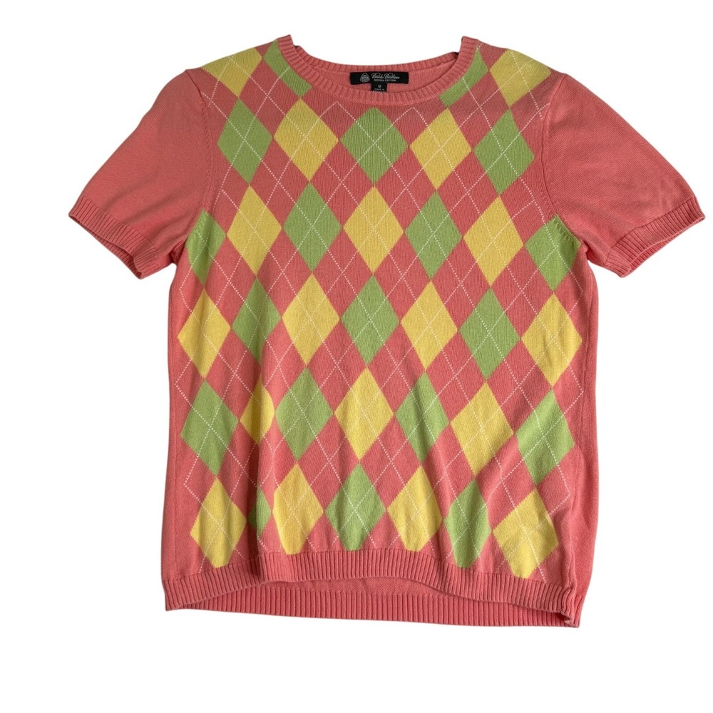 Brooks Brothers Women's Argyle Short Sleeve Sweater M Pink Green Yellow Cotton